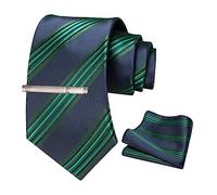 JEMYGINS Cravatta a righe da uomo con ricamo incluso fazzoletto e set di fermacravatta, Blu navy strisce verde scuro, M