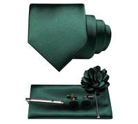 JEMYGINS Cravatta da uomo in twill con design in tinta unita con gemelli Pocket Square, fermacravatta e spilla floreale, set regalo per feste, business, matrimoni, verde scuro, M