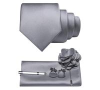 JEMYGINS Cravatta da uomo in twill con design in tinta unita con gemelli Pocket Square, fermacravatta e spilla floreale, set regalo per feste, business, matrimoni, grigio., M