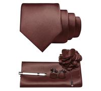JEMYGINS Cravatta da uomo in twill con design in tinta unita con gemelli Pocket Square, fermacravatta e spilla floreale, set regalo per feste, business, matrimoni, Colore cioccolato., M