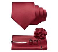 JEMYGINS Cravatta da uomo in twill con design in tinta unita con gemelli Pocket Square, fermacravatta e spilla floreale, set regalo per feste, business, matrimoni, Rosso intenso, M