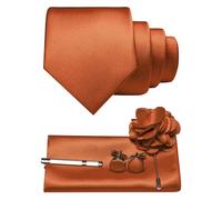 JEMYGINS Cravatta da uomo in twill con design in tinta unita con gemelli Pocket Square, fermacravatta e spilla floreale, set regalo per feste, business, matrimoni, giallo brunastro, M