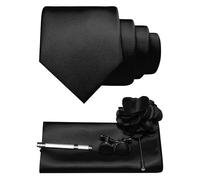 JEMYGINS Cravatta da uomo in twill con design in tinta unita con gemelli Pocket Square, fermacravatta e spilla floreale, set regalo per feste, business, matrimoni, Nero , M