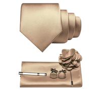 JEMYGINS Cravatta da uomo in twill con design in tinta unita con gemelli Pocket Square, fermacravatta e spilla floreale, set regalo per feste, business, matrimoni, oro champagne., M