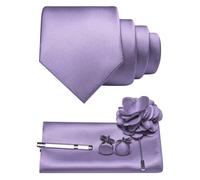 JEMYGINS Cravatta da uomo in twill con design in tinta unita con gemelli Pocket Square, fermacravatta e spilla floreale, set regalo per feste, business, matrimoni, lilla., M