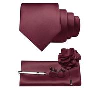 JEMYGINS Cravatta da uomo in twill con design in tinta unita con gemelli Pocket Square, fermacravatta e spilla floreale, set regalo per feste, business, matrimoni, marrone rossiccio, M