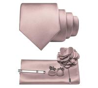 JEMYGINS Cravatta da uomo in twill con design in tinta unita con gemelli Pocket Square, fermacravatta e spilla floreale, set regalo per feste, business, matrimoni, oro rosa chiaro, M