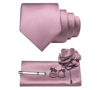 JEMYGINS Cravatta da uomo in twill con design in tinta unita con gemelli Pocket Square, fermacravatta e spilla floreale, set regalo per feste, business, matrimoni, Oro rosa scuro, M