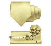 JEMYGINS Cravatta da uomo in twill con design in tinta unita con gemelli Pocket Square, fermacravatta e spilla floreale, set regalo per feste, business, matrimoni, giallo chiaro, M