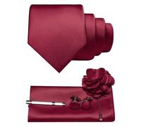 JEMYGINS Cravatta da uomo in twill con design in tinta unita con gemelli Pocket Square, fermacravatta e spilla floreale, set regalo per feste, business, matrimoni, rosso vivo, M