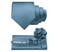 JEMYGINS Cravatta da uomo in twill con design in tinta unita con gemelli Pocket Square, fermacravatta e spilla floreale, set regalo per feste, business, matrimoni, grigio/blu, M