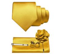 JEMYGINS Cravatta da uomo in twill con design in tinta unita con gemelli Pocket Square, fermacravatta e spilla floreale, set regalo per feste, business, matrimoni, Giallo Brillante, M