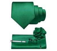JEMYGINS Cravatta da uomo in twill con design in tinta unita con gemelli Pocket Square, fermacravatta e spilla floreale, set regalo per feste, business, matrimoni, verde, M