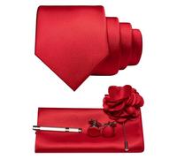 JEMYGINS Cravatta da uomo in twill con design in tinta unita con gemelli Pocket Square, fermacravatta e spilla floreale, set regalo per feste, business, matrimoni, Colore: rosso, M