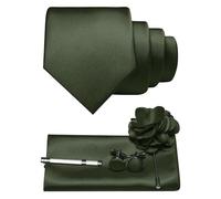 JEMYGINS Cravatta da uomo in twill con design in tinta unita con gemelli Pocket Square, fermacravatta e spilla floreale, set regalo per feste, business, matrimoni, verde oliva, M
