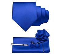 JEMYGINS Cravatta da uomo in twill con design in tinta unita con gemelli Pocket Square, fermacravatta e spilla floreale, set regalo per feste, business, matrimoni, Blu, M
