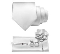 JEMYGINS Cravatta da uomo in twill con design in tinta unita con gemelli Pocket Square, fermacravatta e spilla floreale, set regalo per feste, business, matrimoni, bianco, M