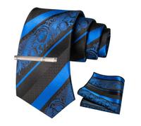 JEMYGINS Cravatta Uomo Blu in Seta Ricamo Classico di Petali a Strisce Multicolore con Fazzoletto e Fermacravatta