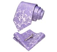 JEMYGINS Cravatta Uomo viola lavanda in Seta Paisley Design in Diversi Colori cena di gala con Fazzoletto e Fermacravatta