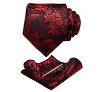 JEMYGINS Cravatte e Pochette da Uomo con Stampa Floreale e Fermacravatta Disponibili in Diverse Colori,Nero/rosso