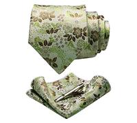 JEMYGINS Cravatte e Pochette da Uomo con Stampa Floreale e Fermacravatta Disponibili in Diverse Colori,Verde chiaro
