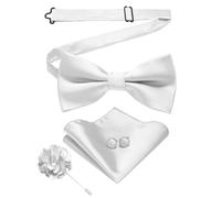 JEMYGINS Papillon da uomo in twill in tinta unita con gemelli Pocket Square e fiori, set regalo per feste, affari e matrimoni, bianco, M