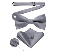 JEMYGINS Papillon da uomo in twill in tinta unita con gemelli Pocket Square e fiori, set regalo per feste, affari e matrimoni, grigio., M