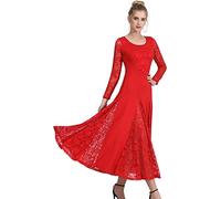 JENETY Abiti da Ballo per Donne Gonna Lunga in Pizzo Ballo Moderno Abito da Ballo Valzer Tango Abiti da Ballo Costume da Competizione (3XL,Rosso)