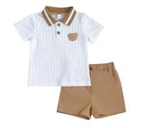 JENJON Abbigliamento Estivo Casual per Bimbi Maschi Polo a Maniche Corte con Ricamo a Orsetto e Strisce + Pantaloncini 2 Pezzi Primavera Estate Completo