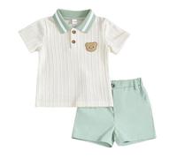 JENJON Abbigliamento Estivo Casual per Bimbi Maschi Polo a Maniche Corte con Ricamo a Orsetto e Strisce + Pantaloncini 2 Pezzi Primavera Estate Completo