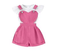 JENJON Abbigliamento Estivo per Bambina Set Top a Coste a Maniche Corte con Volant + Regolabile Salopette Corta con Stampa Floreale/a Cuori e Tasca Vestiti Set Cuore Rosso rosa 2-3 Anni