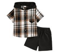 JENJON Completo Bambino Estivo Blocco di Colore Maniche Corte a Quadri Felpa con Cappuccio Top e Jogging Pantaloncini 2 Pezzi Primavera Estate Vestiti Set Quadri neri 3-4 Ans