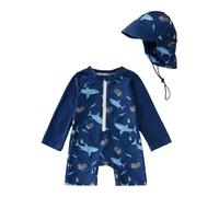 JENJON Costume da Bagno Intero Maniche Lunghe per Neonato Costumi Mare Protezione Anti-UV Rash Guard con Cappello 2 Pezzi Abbigliamento da Spiaggia Squalo Blu Scuro 12-18 Mesi