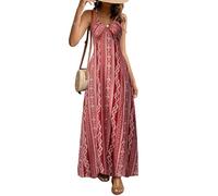 JENJON Donna Vestiti Scollo a V Elegante Manica Lunga Casual Maxi Abito Fessura Elastico Autunno e Inverno 2024 Rosso 1 L