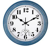 JENLYSTIME 12 Inch Indoor/Outdoor Retro Waterproof Wall Clock with Thermometer Silent Round Quartz Battery Operated Easy to Read Decorative for Kitchen Patio,Bathroom,Deck,Porch,Pool(Blue)