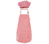 Jennice House - Grembiule e cappello da chef per bambini, graziosi grembiuli da forno con cinghia regolabile e tasche per bambini e ragazze, per cucinare da cucina, pittura, A quadretti rossi., large