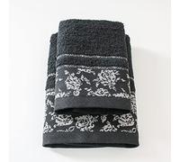 Jenny Sesal Set 1+1 Asciugamani Ada con Balza in Jacquard, Set di due asciugamani da bagno Viso e Ospite misure: Viso: 50x100 cm. Ospite 38x58 cm. Morbidi al tatto. (Nero)