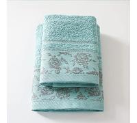 JENNY SESAL Set 1+1 Asciugamani Ada con Balza in Jacquard, Set di due asciugamani da bagno Viso e Ospite misure: Viso: 50x100 cm. Ospite 38x58 cm. 100% cotone, morbide al tatto. (Verdino)