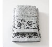 JENNY SESAL Set 1+1 Asciugamani da bagno Ada con Balza in Jacquard, Viso e Ospite misure: Viso: 50x100 cm. Ospite 38x58 cm. 100% cotone. Spugna di alta qualità proveniente da Portogallo.(Grigio chiar)