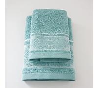 Jenny Sesal Set Asciugamani KATIA, con Balza in Jacquard, Set di due asciugamani da bagno Viso e Ospite VERDINO Spugna di alta qualità proveniente da Portogallo.