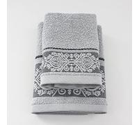 Jenny Sesal Set Asciugamani KATIA, con Balza in Jacquard, Set di due asciugamani da bagno Viso e Ospite GRIGIO CHIARO Spugna di alta qualità proveniente da Portogallo.