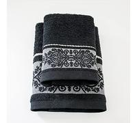 Jenny Sesal Set Asciugamani KATIA, con Balza in Jacquard, Set di due asciugamani da bagno Viso e Ospite NERO Spugna di alta qualità proveniente da Portogallo.