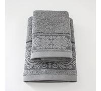 Jenny Sesal Set Asciugamani KATIA, con Balza in Jacquard, Set di due asciugamani da bagno Viso e Ospite GRIGIO SCURO 100% Cotone - Spugna di alta qualità proveniente da Portogallo.