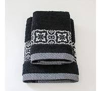 Jenny Sesal Set Asciugamani SUSY, con Balza in Jacquard, Set di due asciugamani da bagno Viso e Ospite NERO Spugna di alta qualità proveniente da Portogallo.