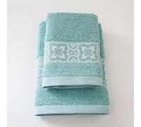 Jenny Sesal Set Asciugamani SUSY, con Balza in Jacquard, Set di due asciugamani da bagno Viso e Ospite VERDINO Spugna di alta qualità proveniente da Portogallo.