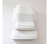 Jenny Sesal Set Asciugamani SUSY, con Balza in Jacquard, Set di due asciugamani da bagno Viso e Ospite BIANCO Spugna di alta qualità proveniente da Portogallo.