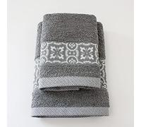 Jenny Sesal Set Asciugamani SUSY, con Balza in Jacquard, Set di due asciugamani da bagno Viso e Ospite GRIGIO Spugna di alta qualità proveniente da Portogallo.