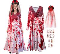 JEONDFG Abbigliamento per Halloween con stampa sanguinosa, costume da sposa da zombie da donna con corona di fiori, spaventoso costume da zombie da sposa, costume da zombie da donna per Halloween e