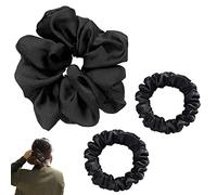 JeoPoom Elastico per Capelli in Vera Seta[3 Pezzi], 2 Small Bande Elastiche per Capelli + 1 Grande Anello per Capelli, Scrunchie, Fascia a Coda di Cavallo per Donna & Ragazza (Nero)