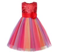 JerrisApparel Abito Paillettes Bambina Vestito Principessa Arcobaleno Nozze Festa (4 Anni, Rosso)
